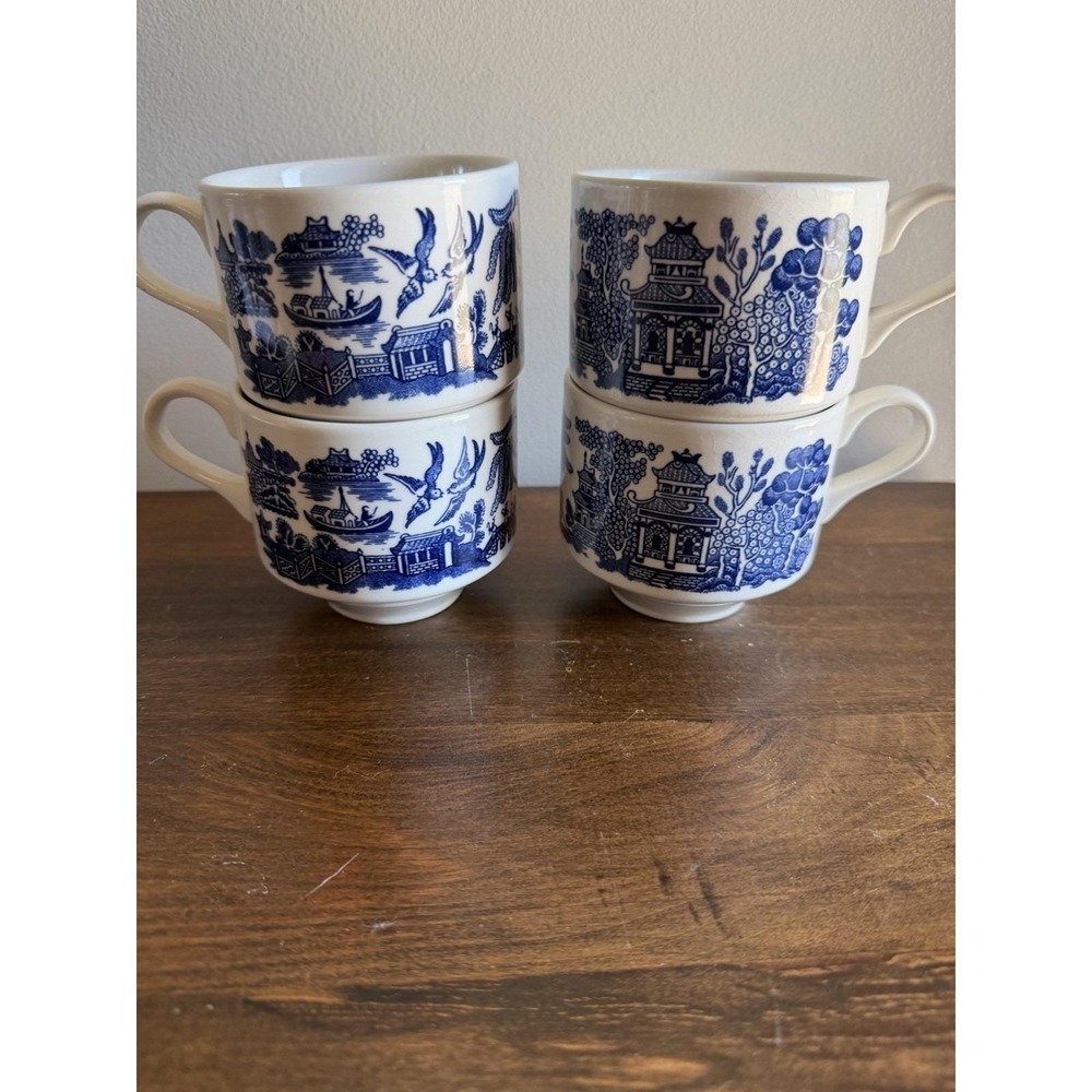 Vintage Churchill Blue Willow Coffee/Tea Mugs Cobalt Made in England Set of 4
